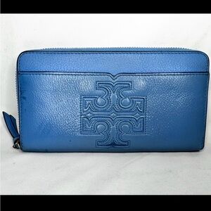 Tory Burch Harper Long Wallet Pebbled Blue Leather